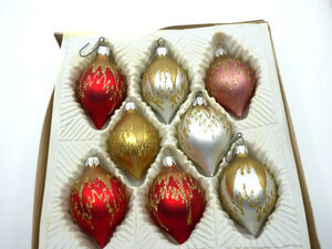 VTG Christmas Classics Hand Decorated Glass Teardrop Ornaments Set of 8